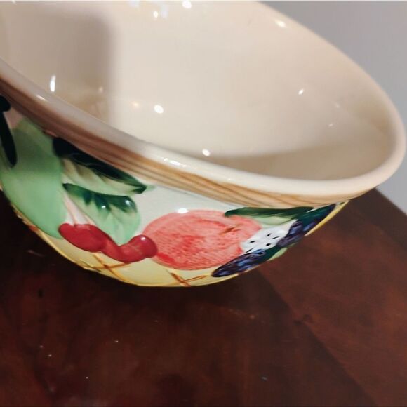 Vibrant Red and Yellow Ceramic Cookware Bowl with Rustic Fruit Design - Picture 6 of 7